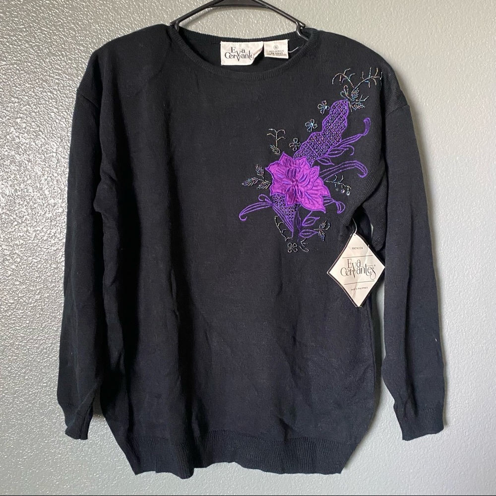 NWT Eva Cervantes Sweater Size SmallVintage Black Embroidery Crew Neck Beaded